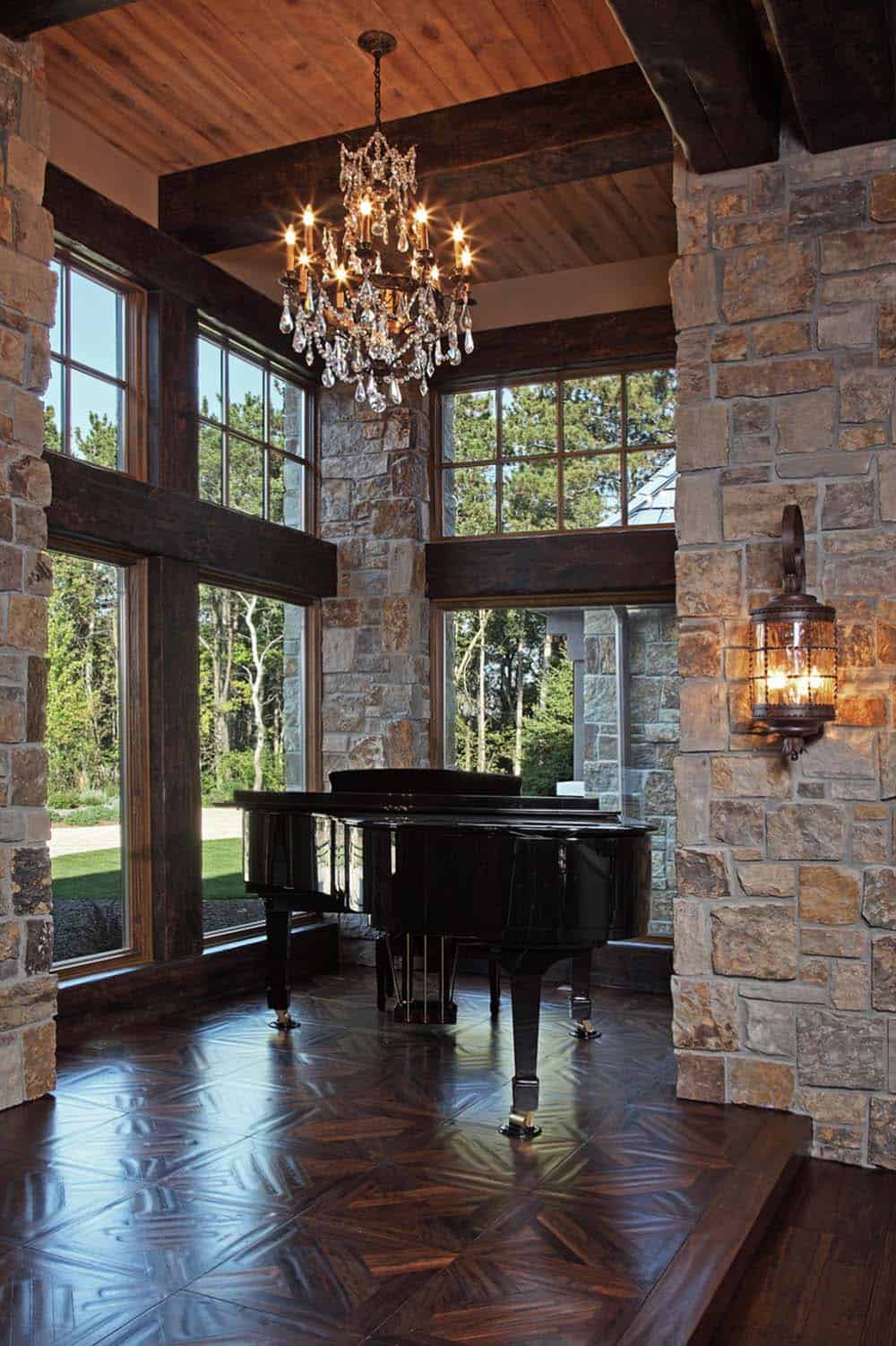 rustic entry with a piano
