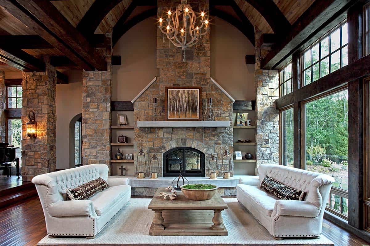 Rustic Family Room with a fireplace