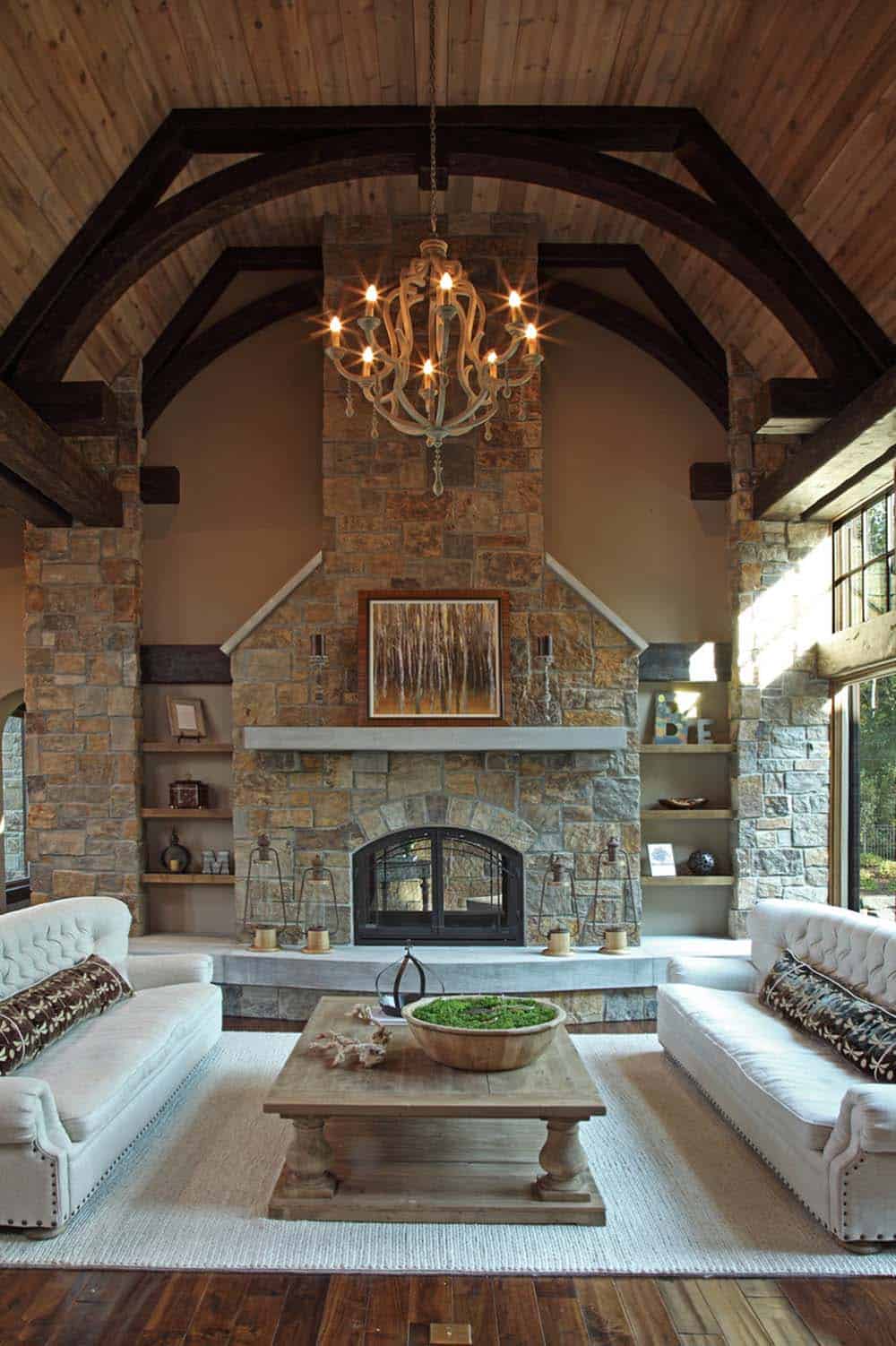 Rustic Family Room with a fireplace