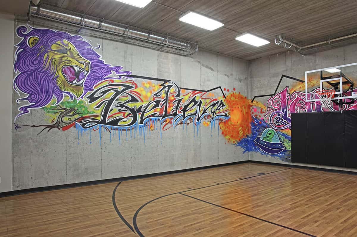 Modern Sports Court with a wall mural