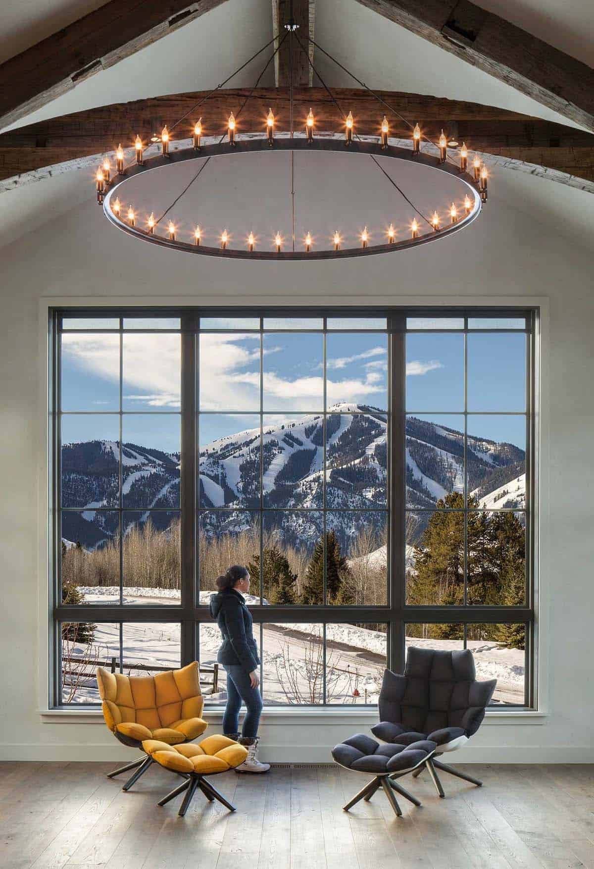 modern rustic living room with a large window
