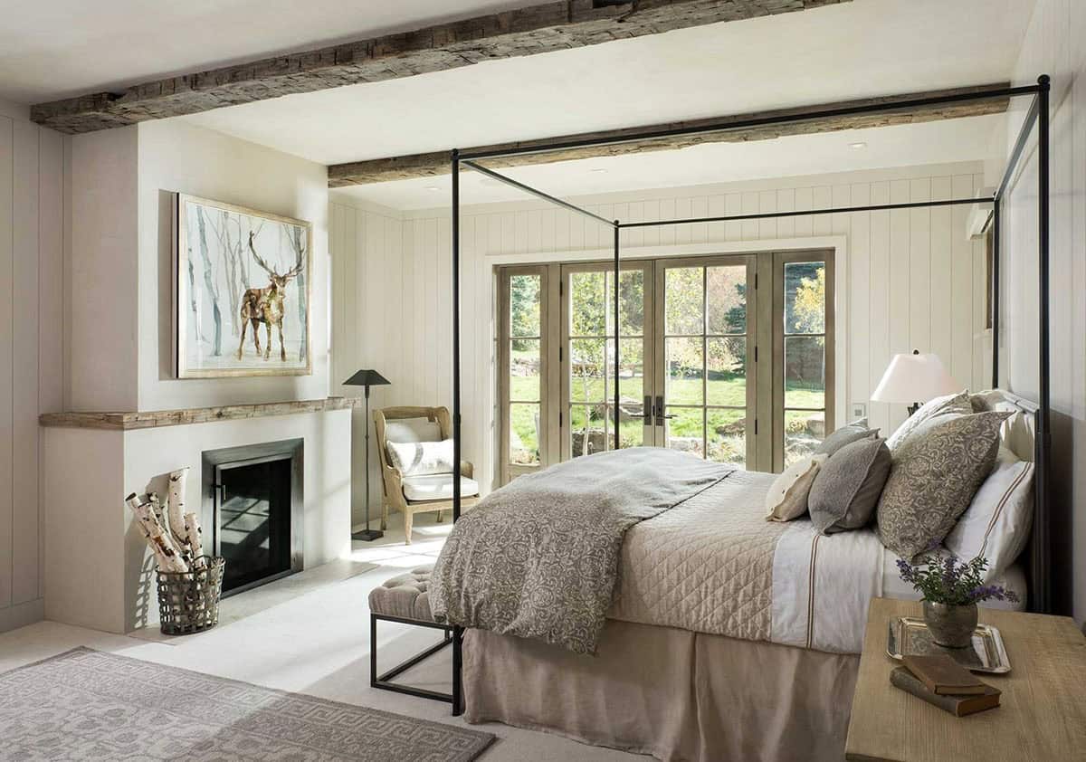 modern rustic bedroom with a fireplace