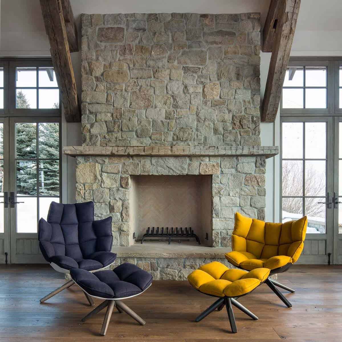 modern rustic living room with a fireplace