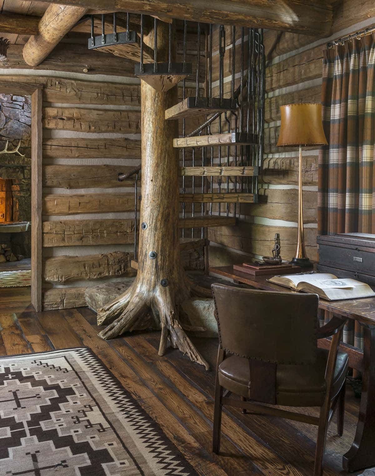  rustic hallway with a desk and chair