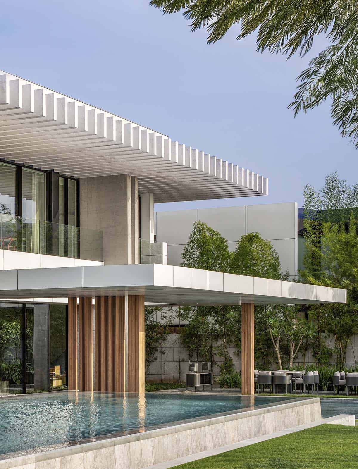 modern waterfront home exterior with a pool