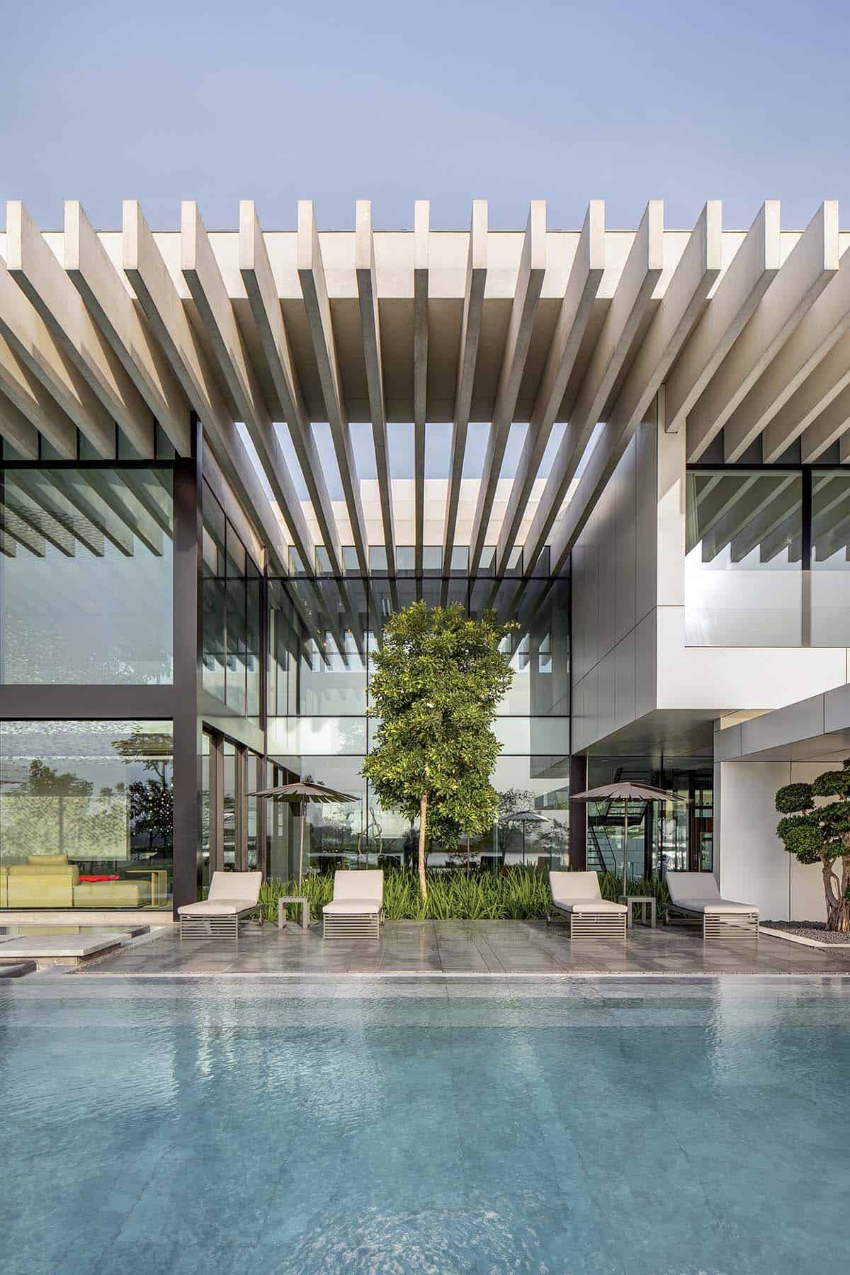 modern waterfront home exterior with a pool