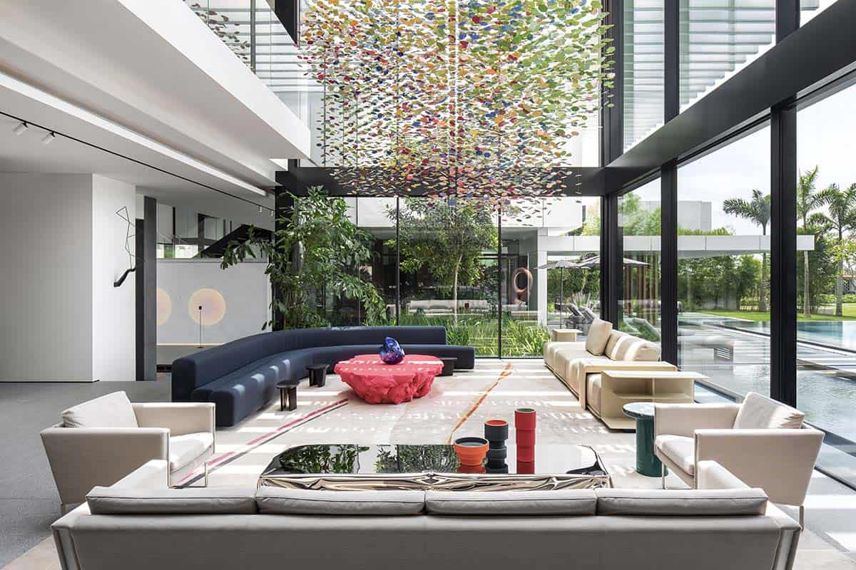 modern living room with a large chandelier
