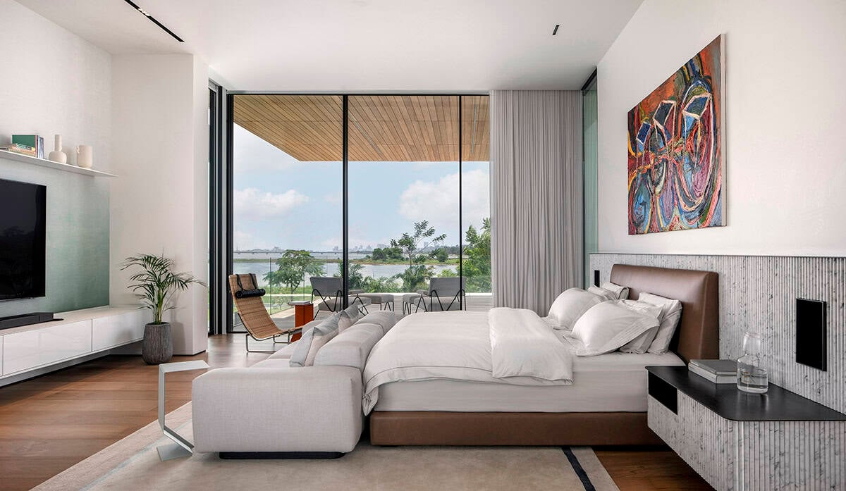 modern bedroom with large windows