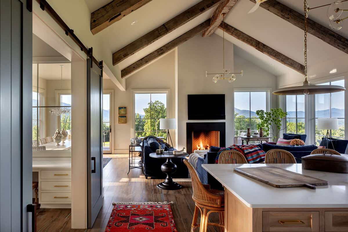 mountain farmhouse style living room with a fireplace