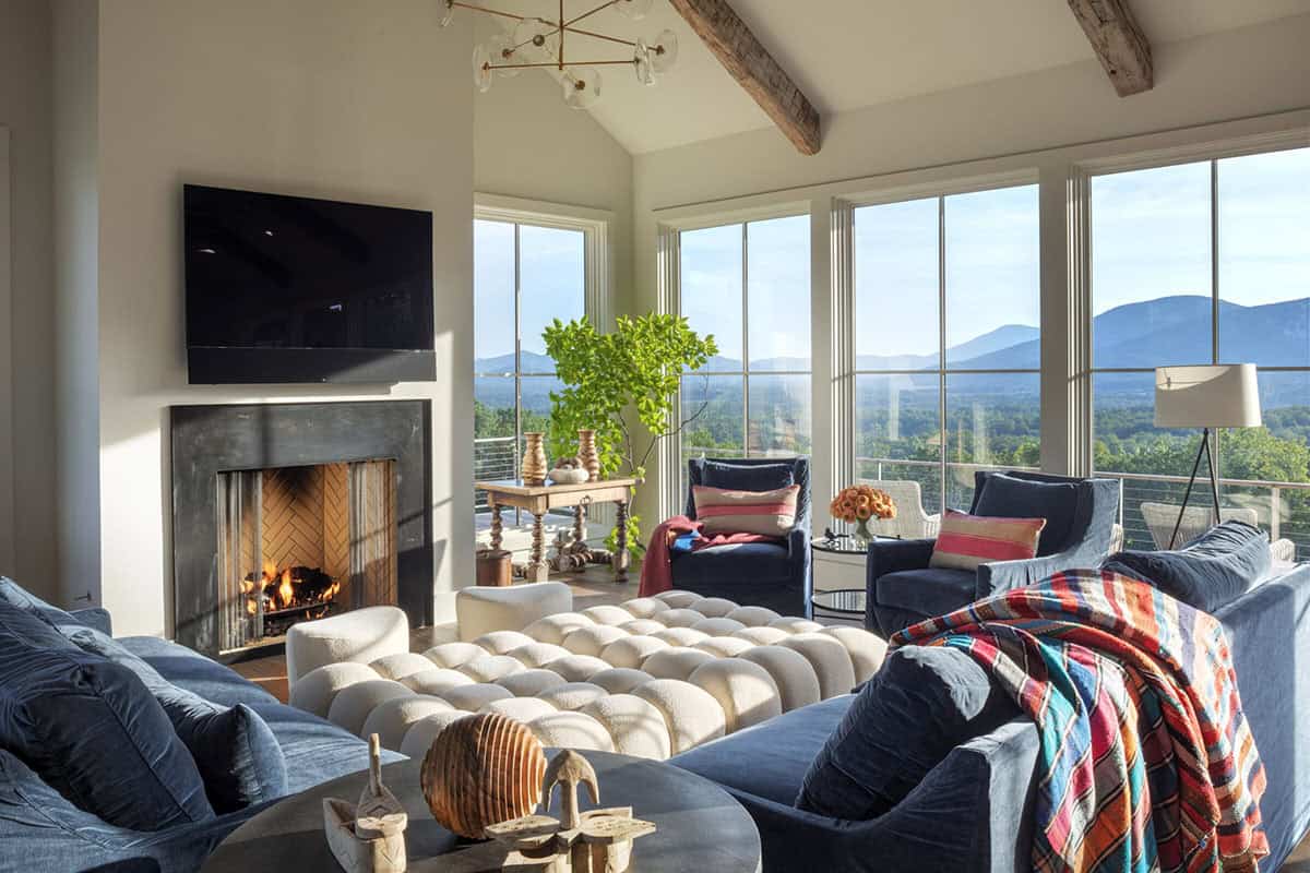 mountain farmhouse style living room with a fireplace