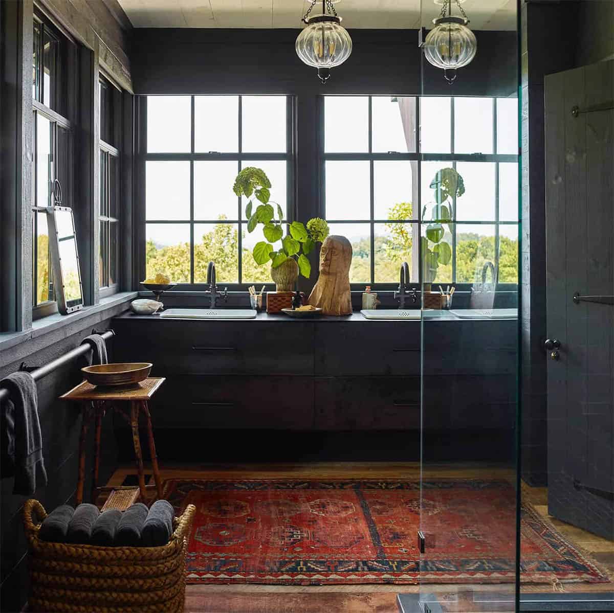 dark and moody barn style bathroom