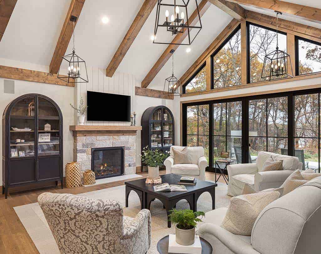farmhouse style living room with a fireplace