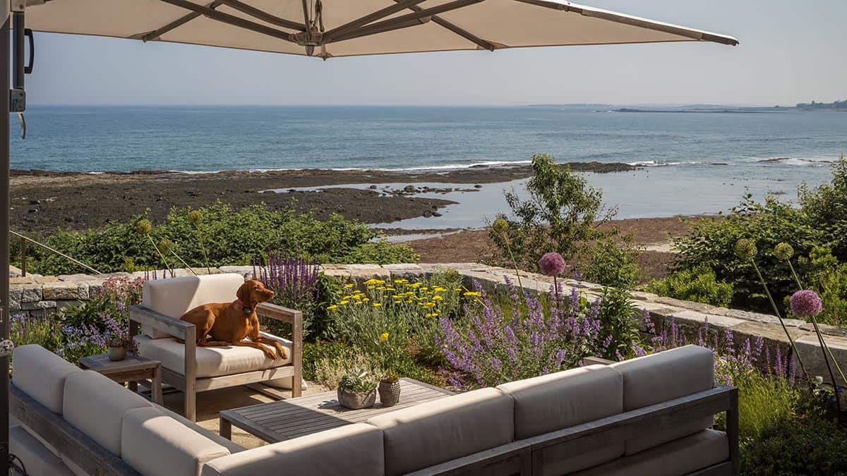 beach style patio with outdoor furniture
