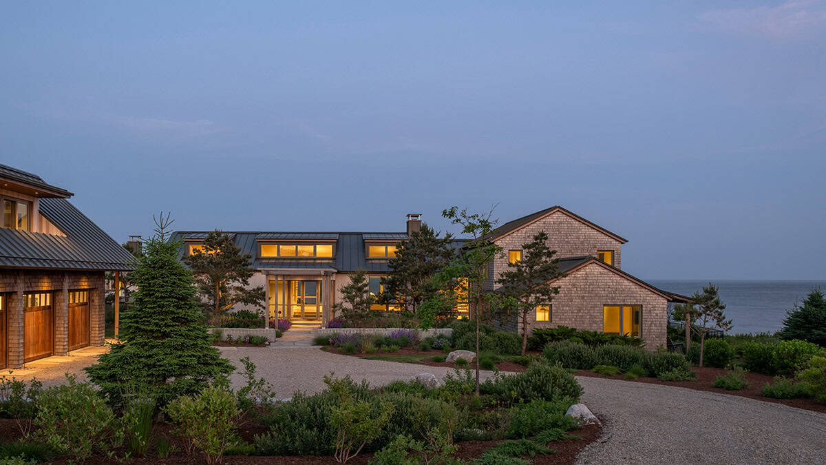 beach house exterior at dusk