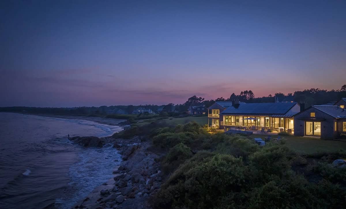 beach house exterior at dusk