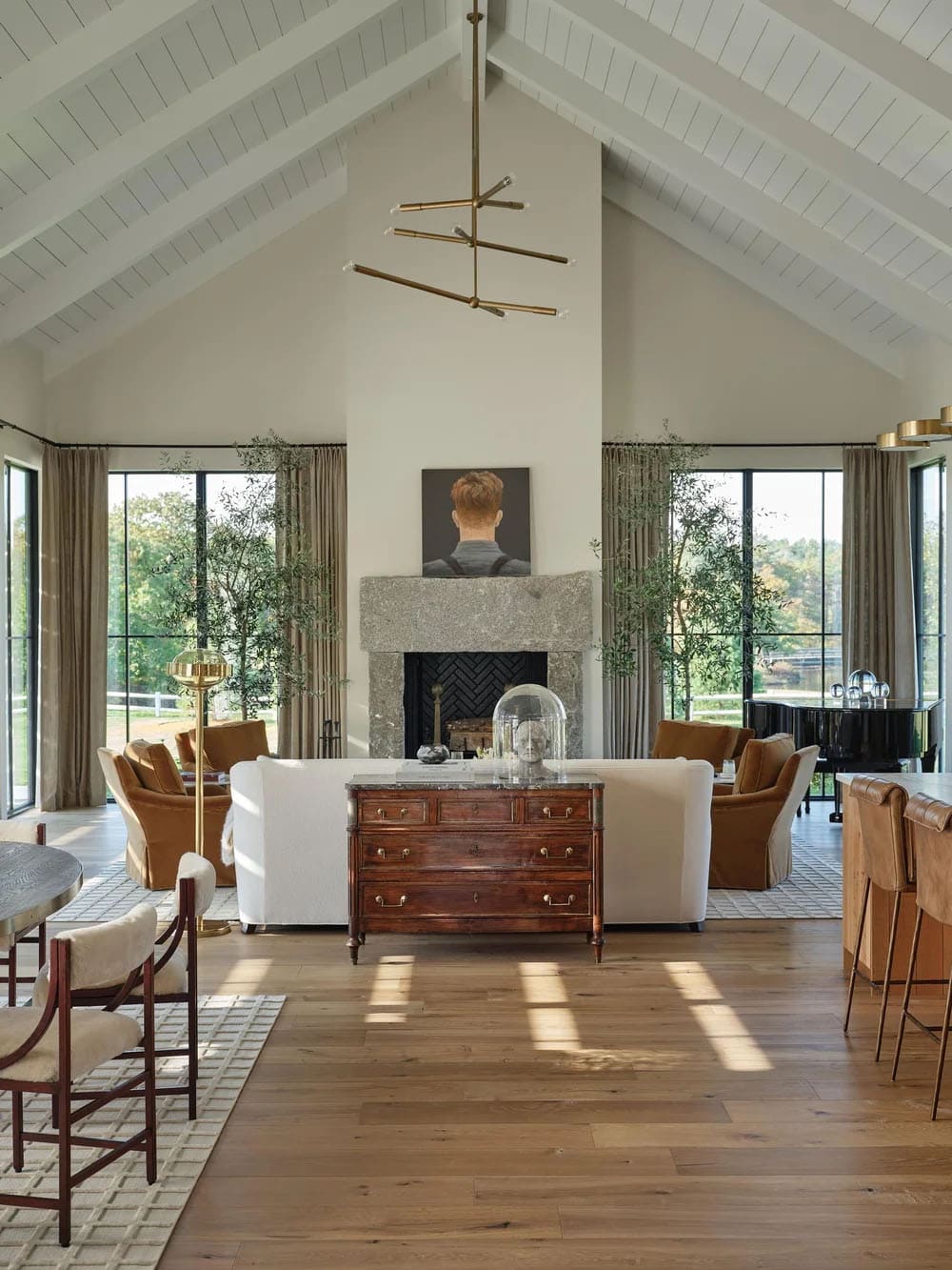 contemporary farmhouse living room with a fireplace