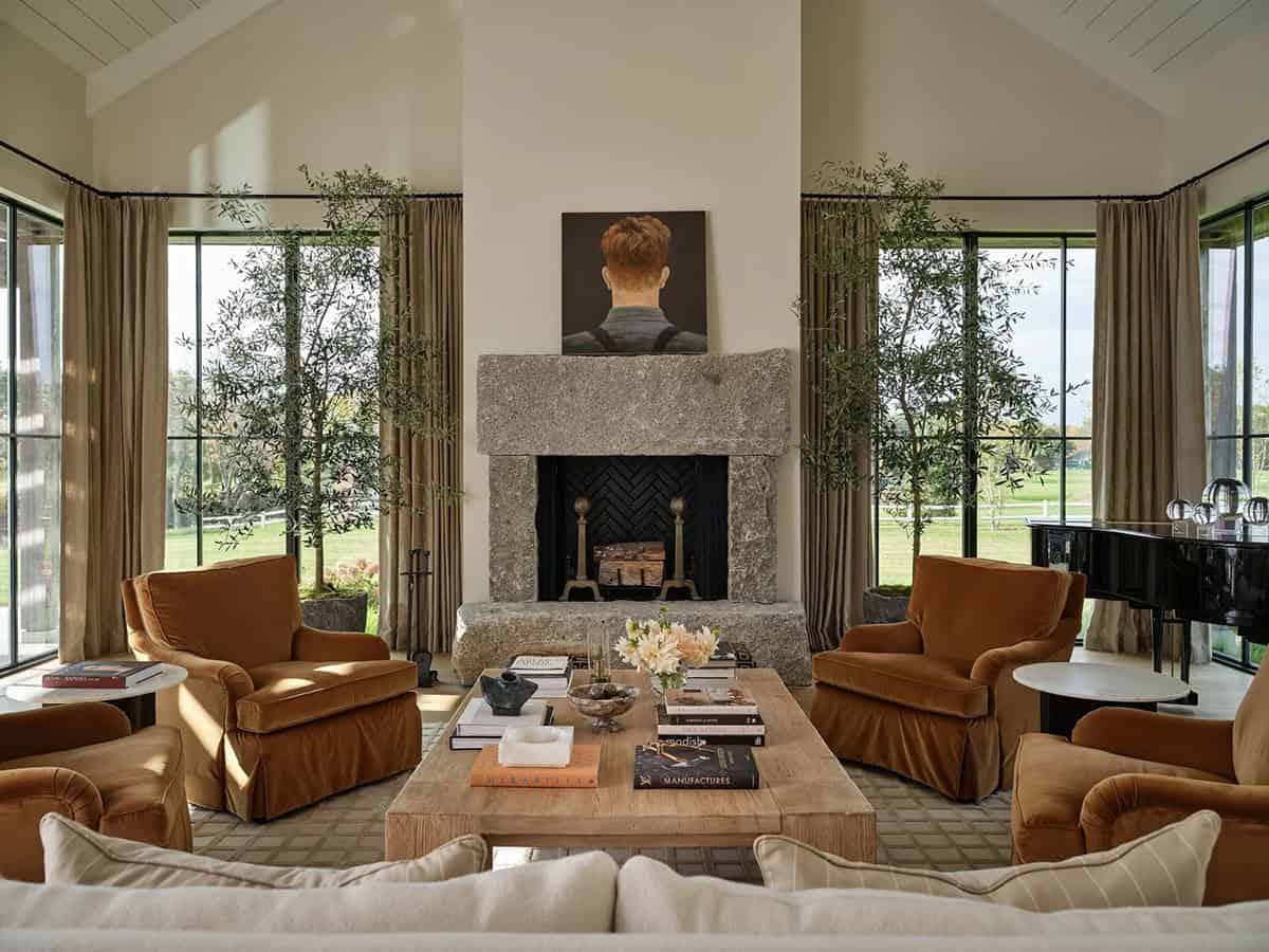 contemporary farmhouse living room with a fireplace