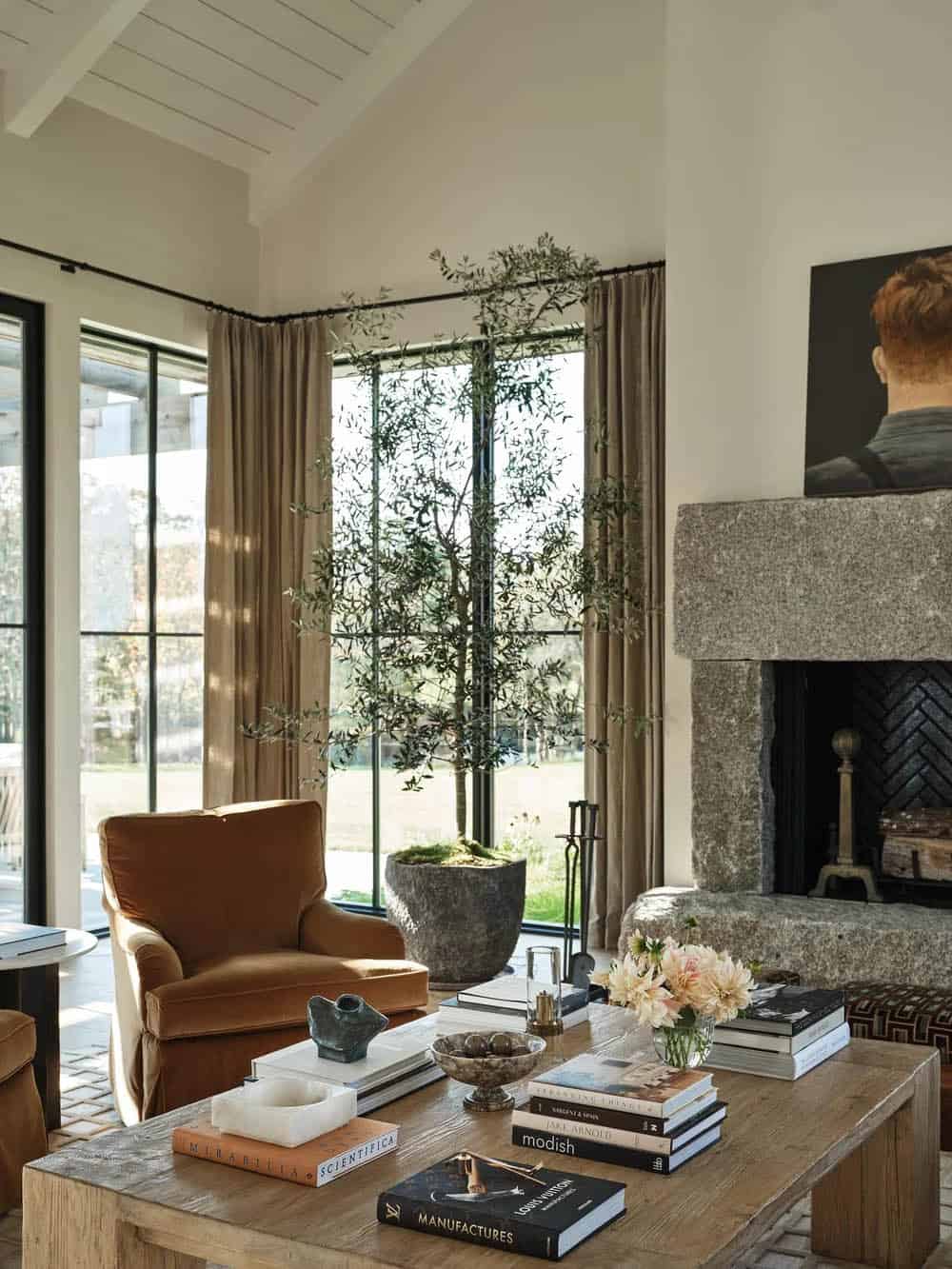 contemporary farmhouse living room with a fireplace