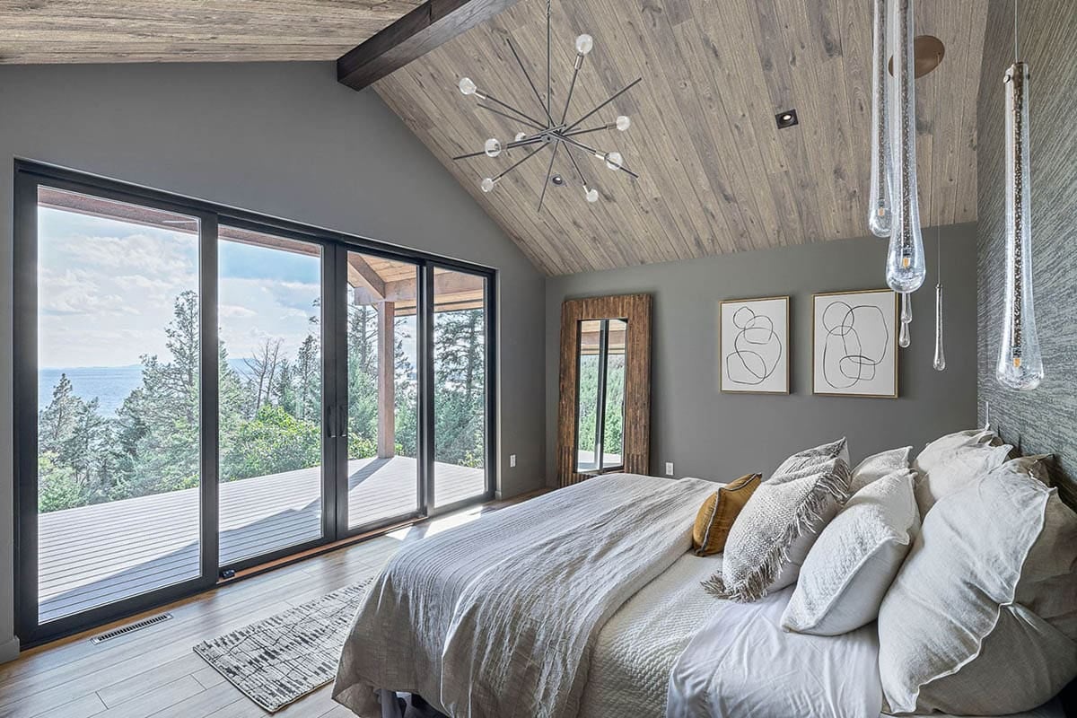 contemporary bedroom with large windows and a view
