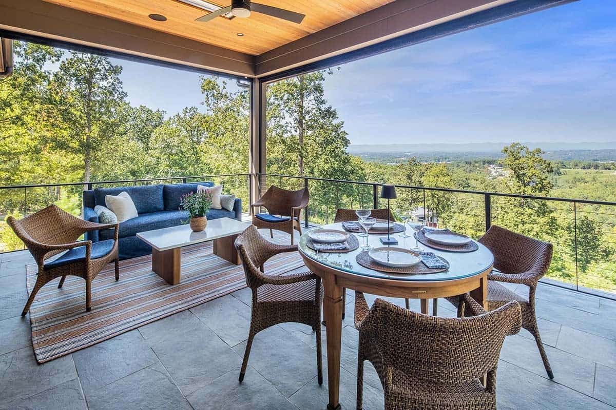 contemporary covered patio with outdoor furniture