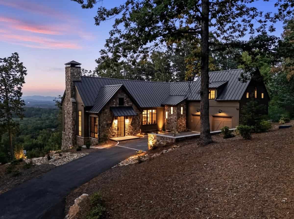 contemporary mountain home exterior at dusk