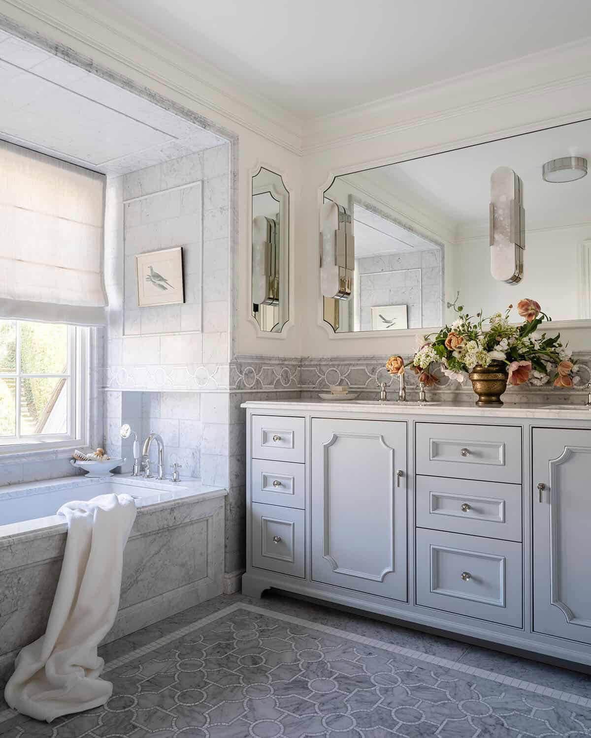 traditional style bathroom vanity with an integrated tub