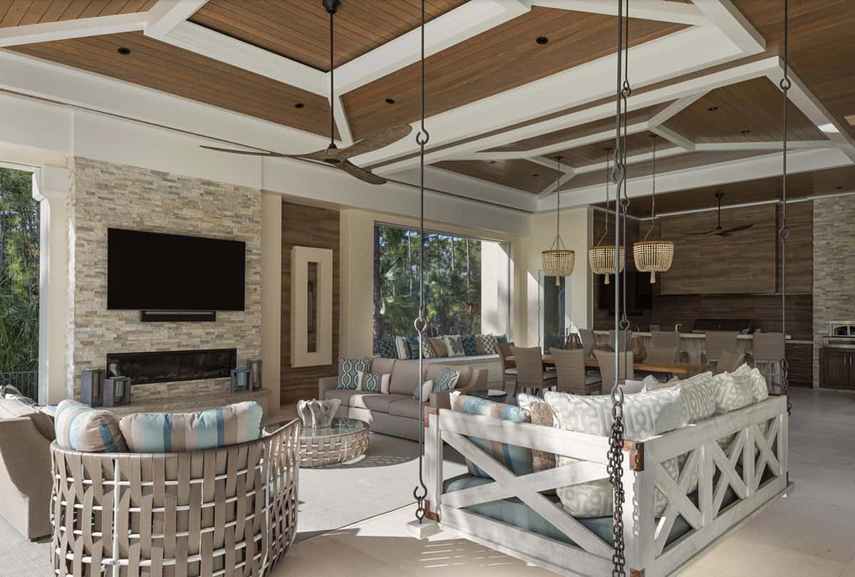 Mediterranean Home Exterior Covered Patio with hanging daybed