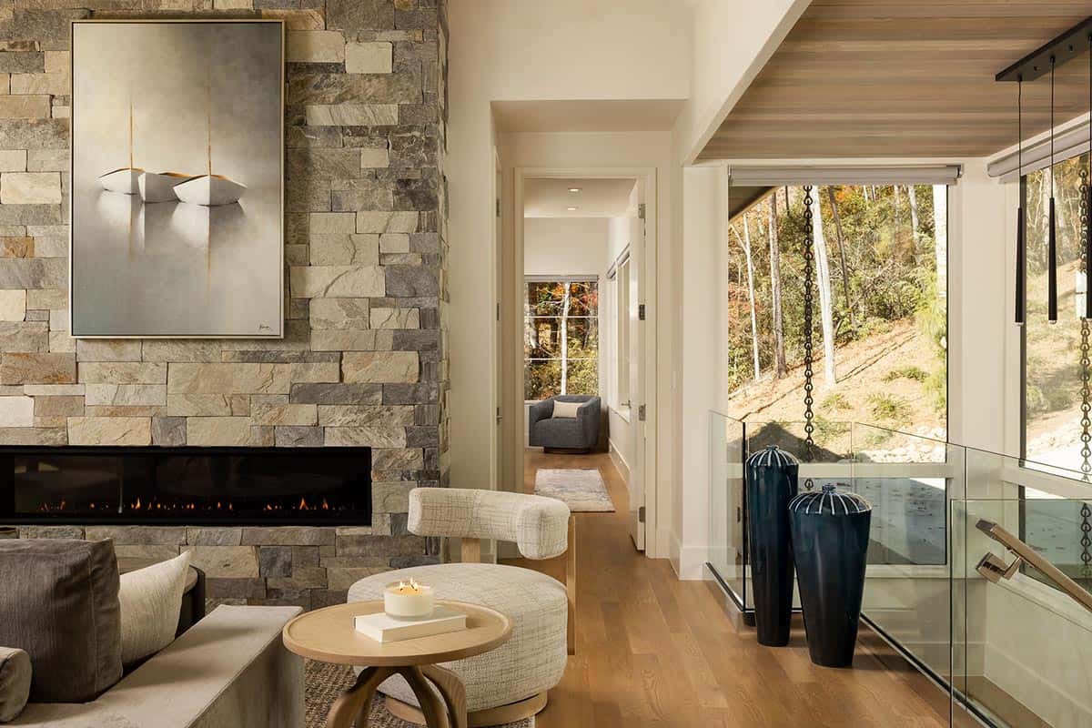 modern living room with a firepalce