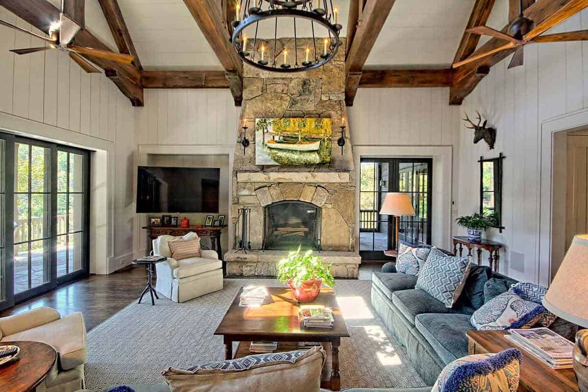 farmhouse style living room with a fireplace
