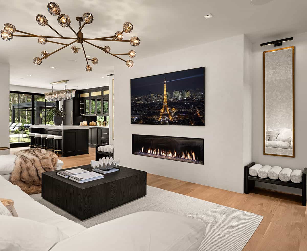 contemporary family room with a fireplace