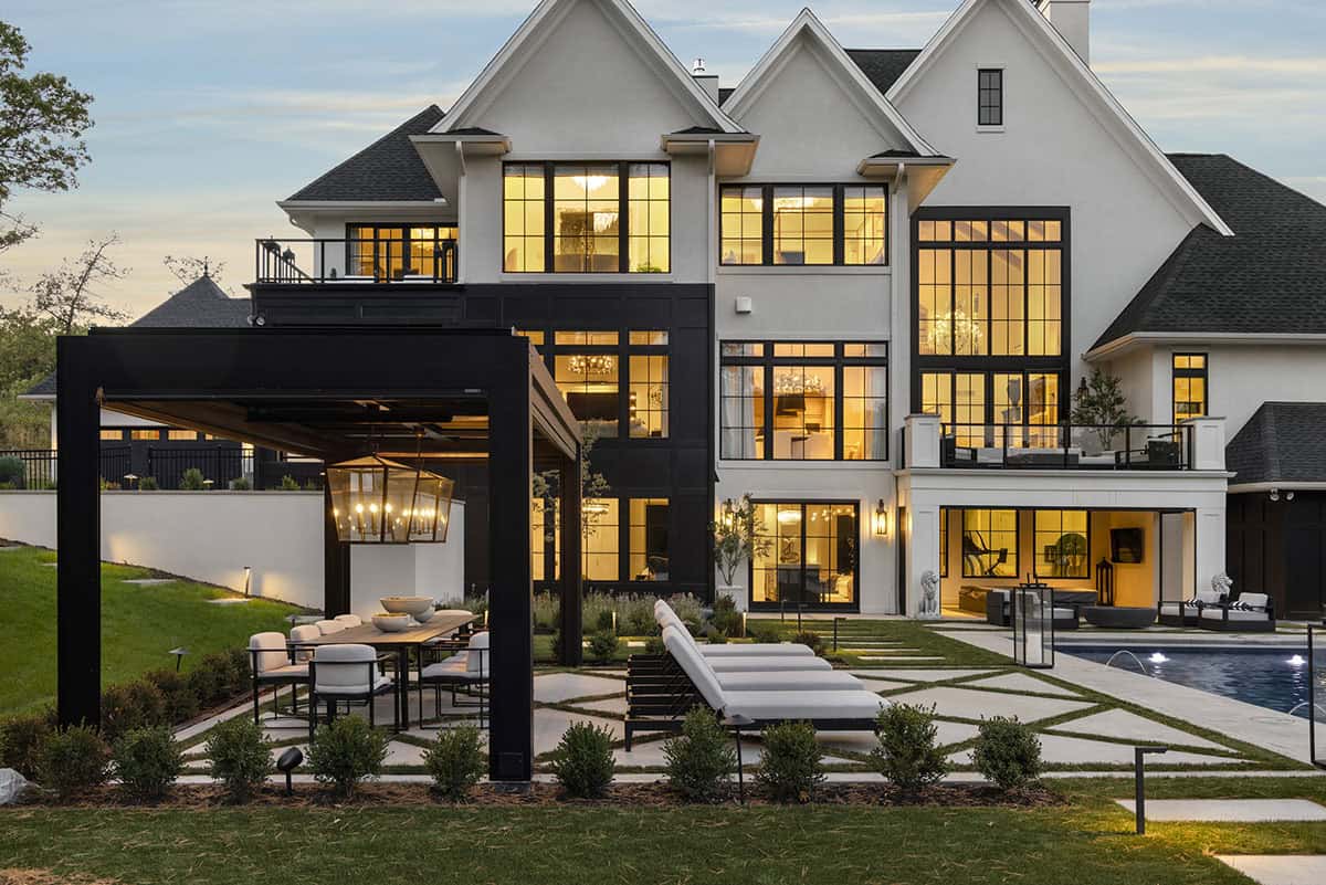 French chateau-inspired home exterior backyard view