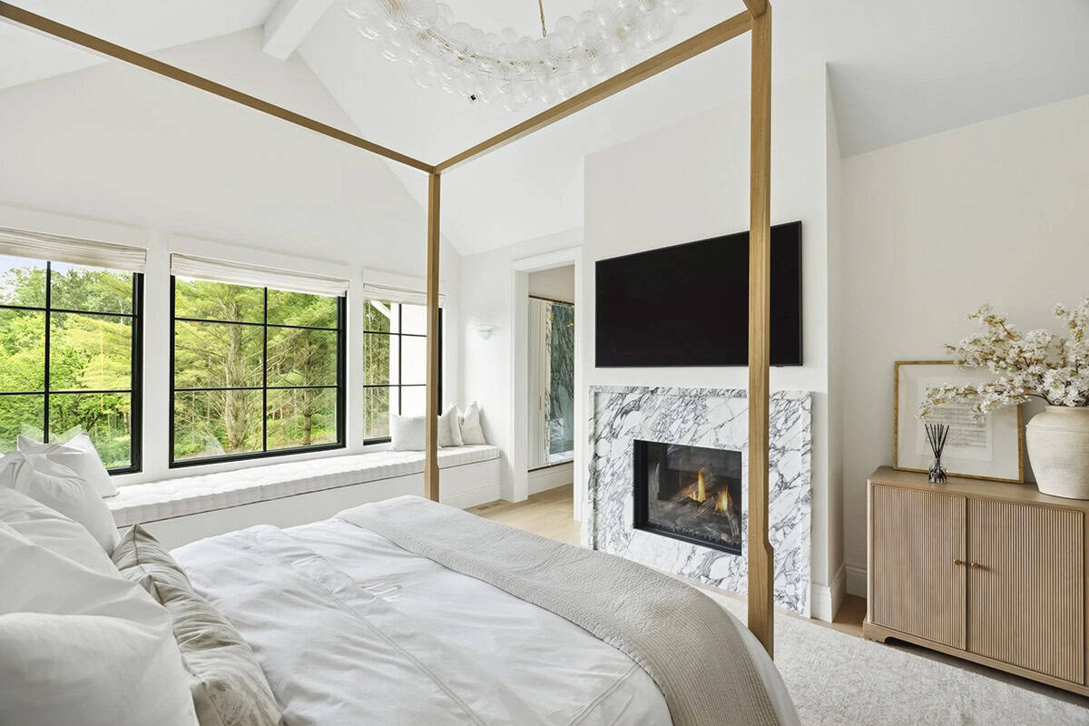 contemporary bedroom with a fireplace