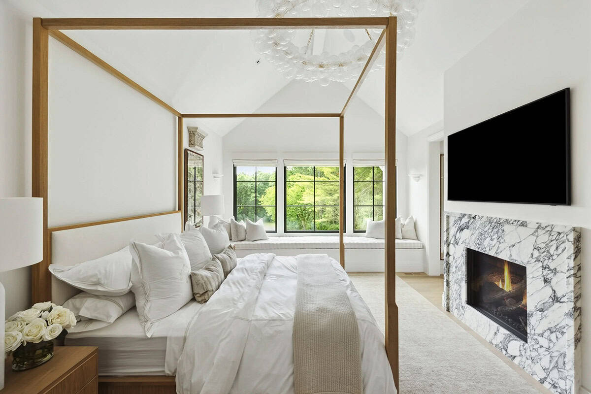 contemporary bedroom with a fireplace