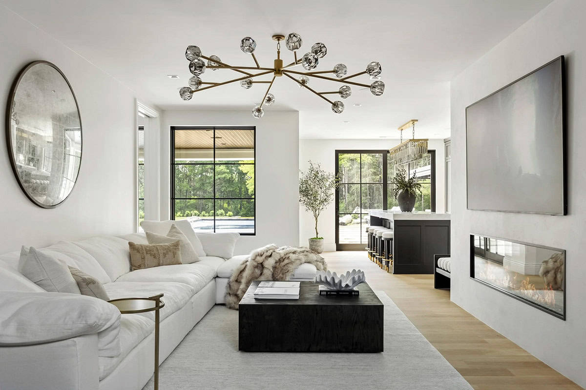 contemporary family room with a fireplace