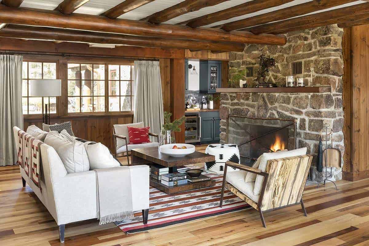 modern rustic living room with a fireplace