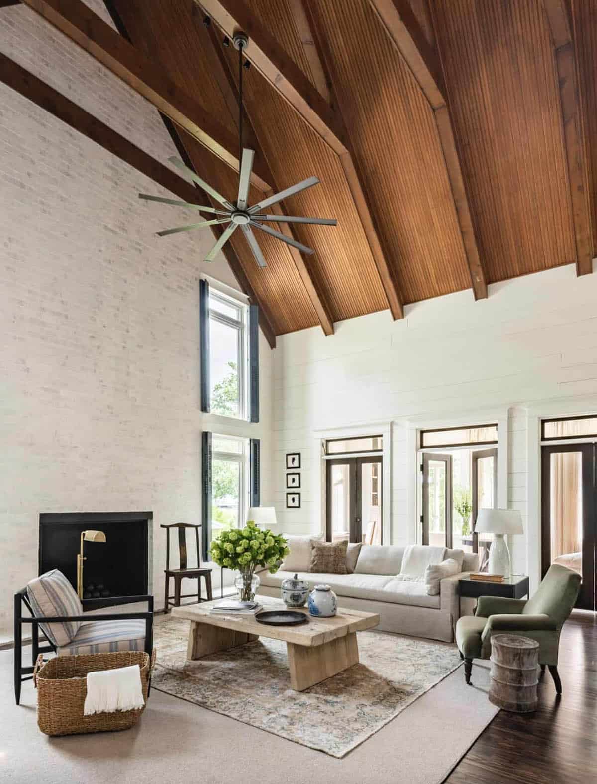 modern farmhouse style living room with a fireplace