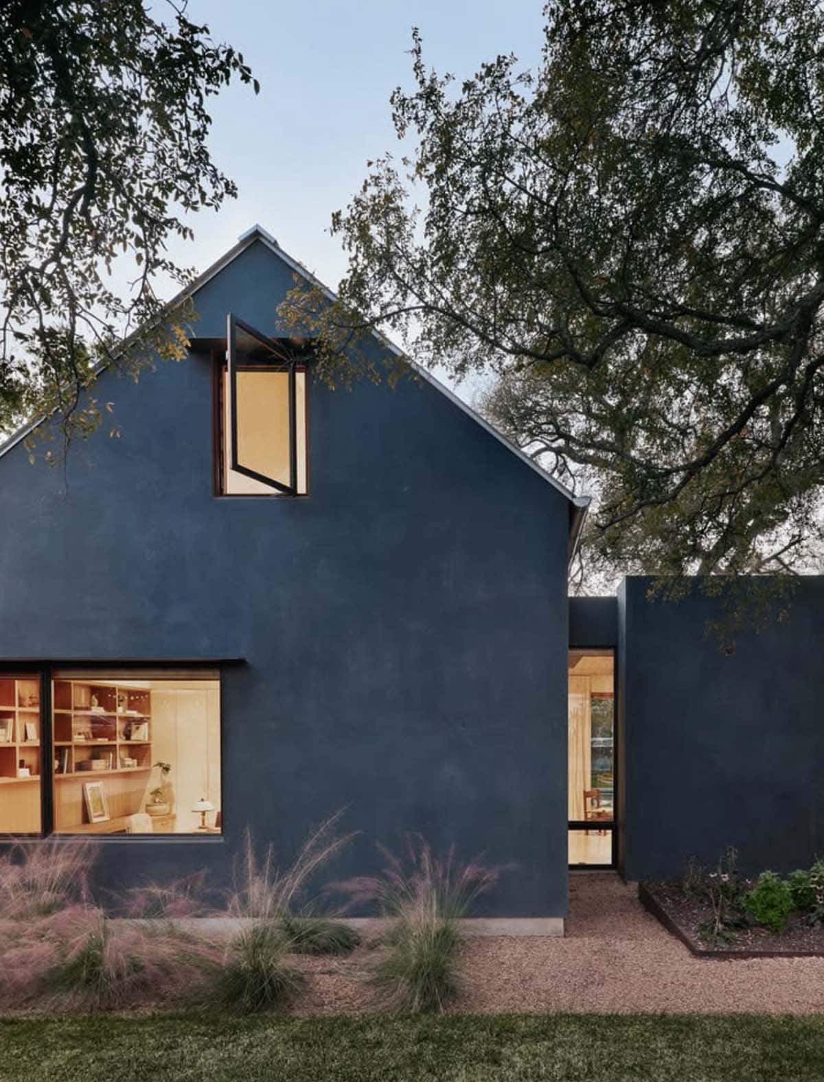 modern house exterior at dusk