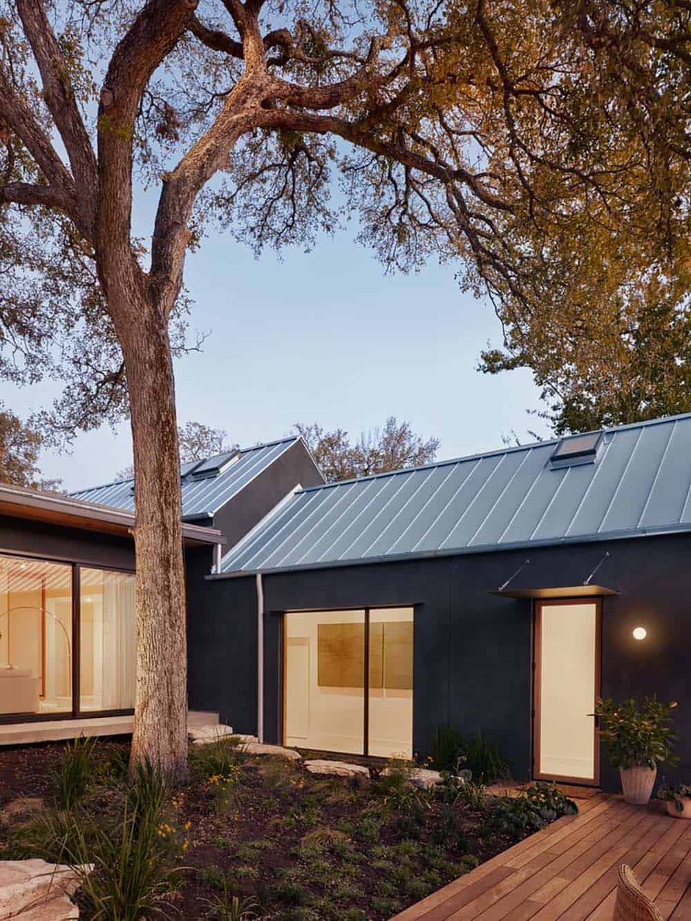 modern home exterior at dusk