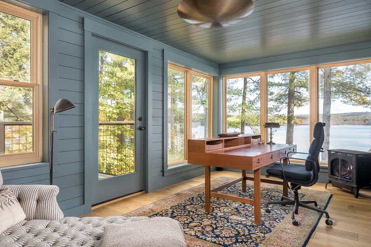 rustic modern home office with a fire stove