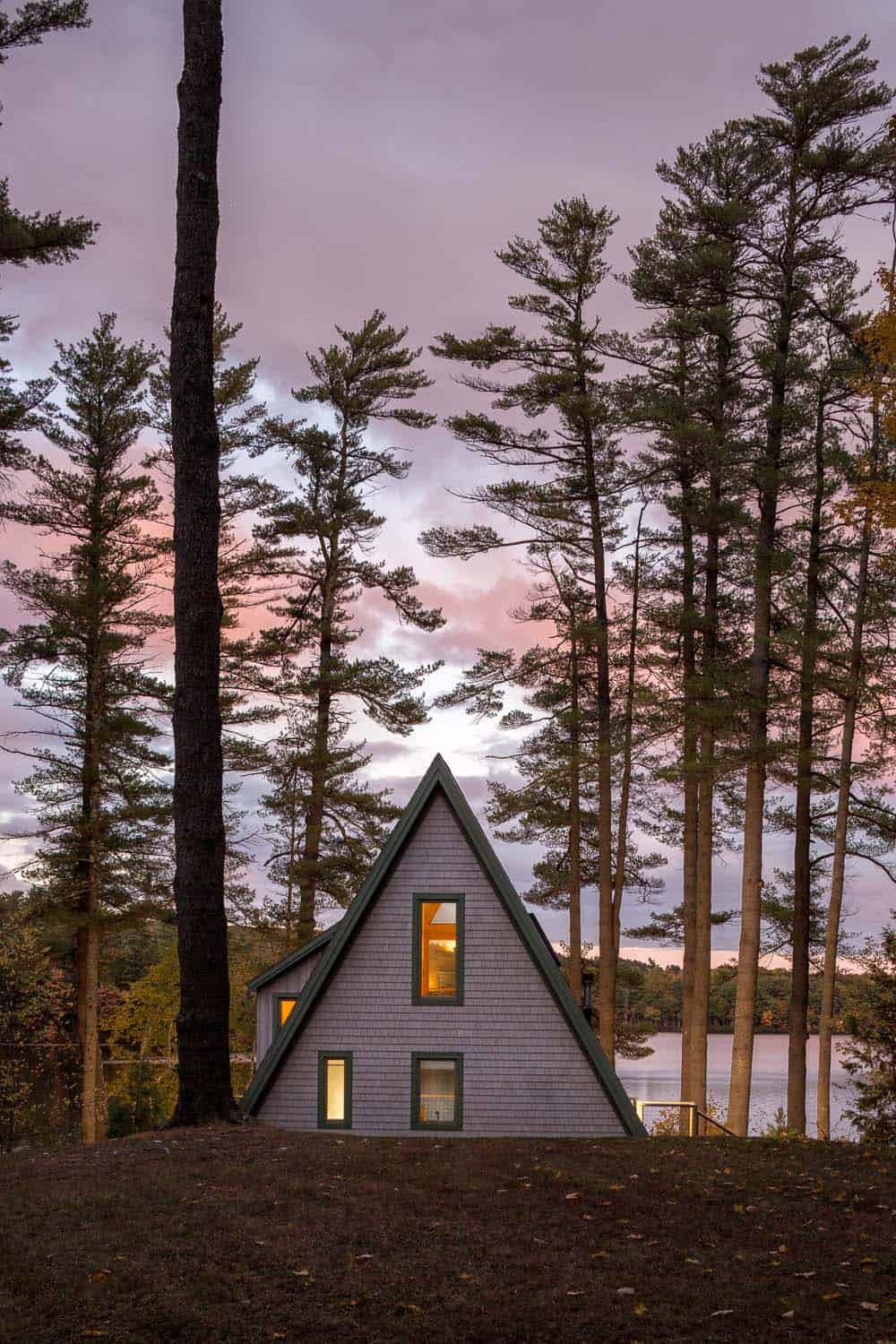 a-frame exterior at dusk