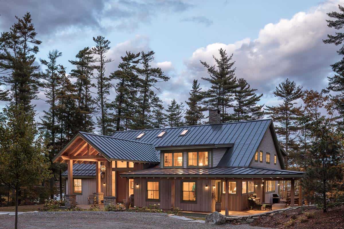 lake house exterior at dusk