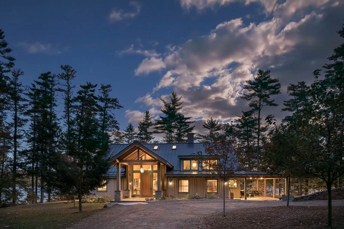 lake house exterior at dusk