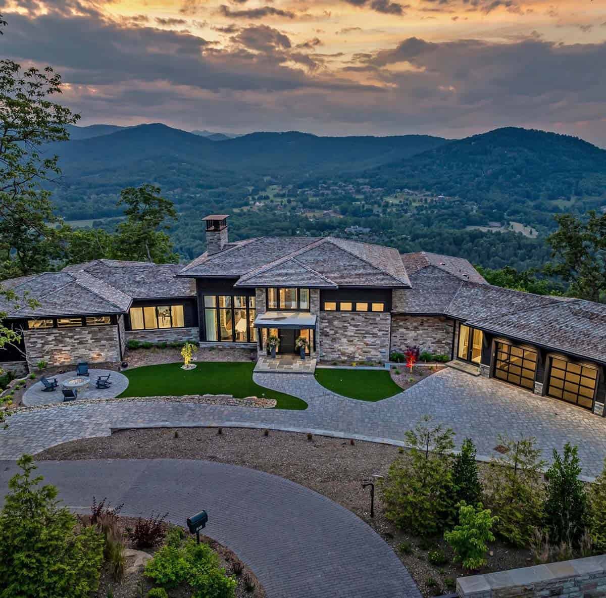 mountain home exterior at dusk