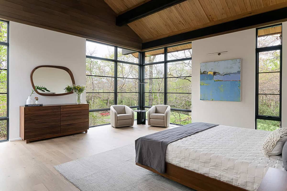 contemporary bedroom with floor-to-ceiling windows