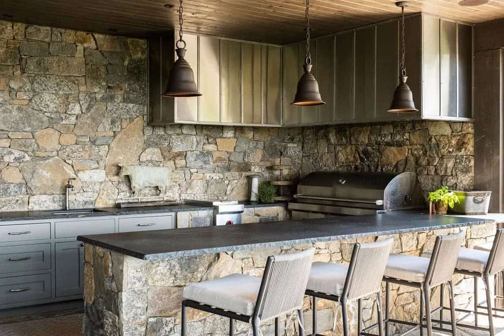 mountain home covered porch with outdoor kitchen