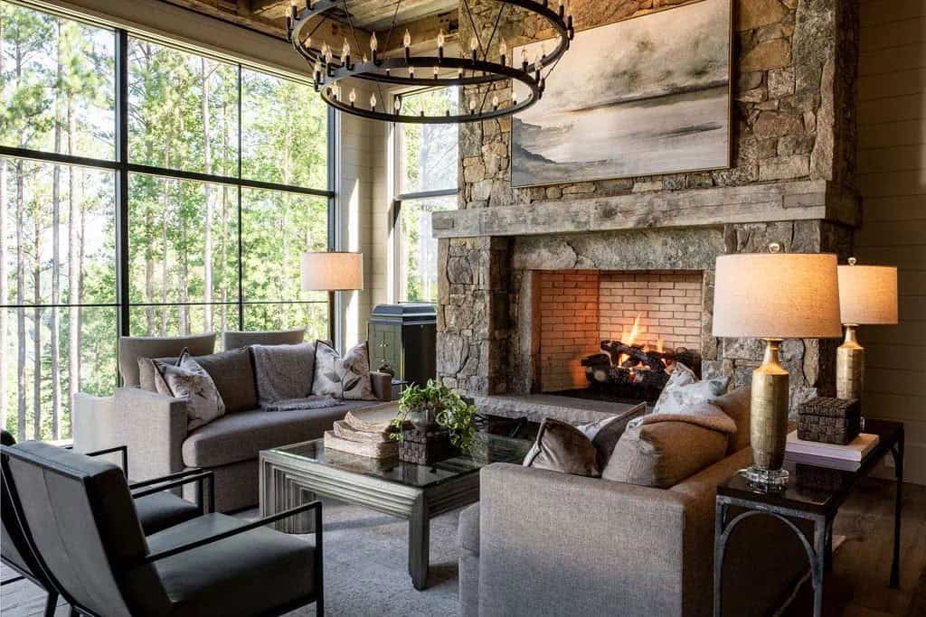 modern rustic living room with a fireplace