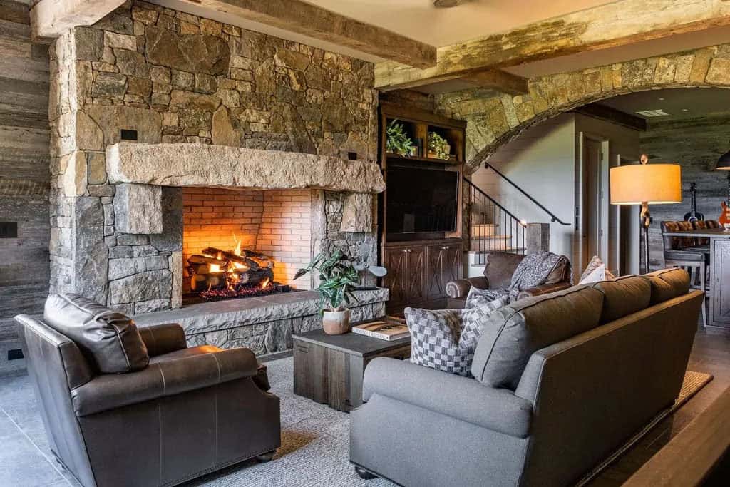 modern rustic family room with a fireplace