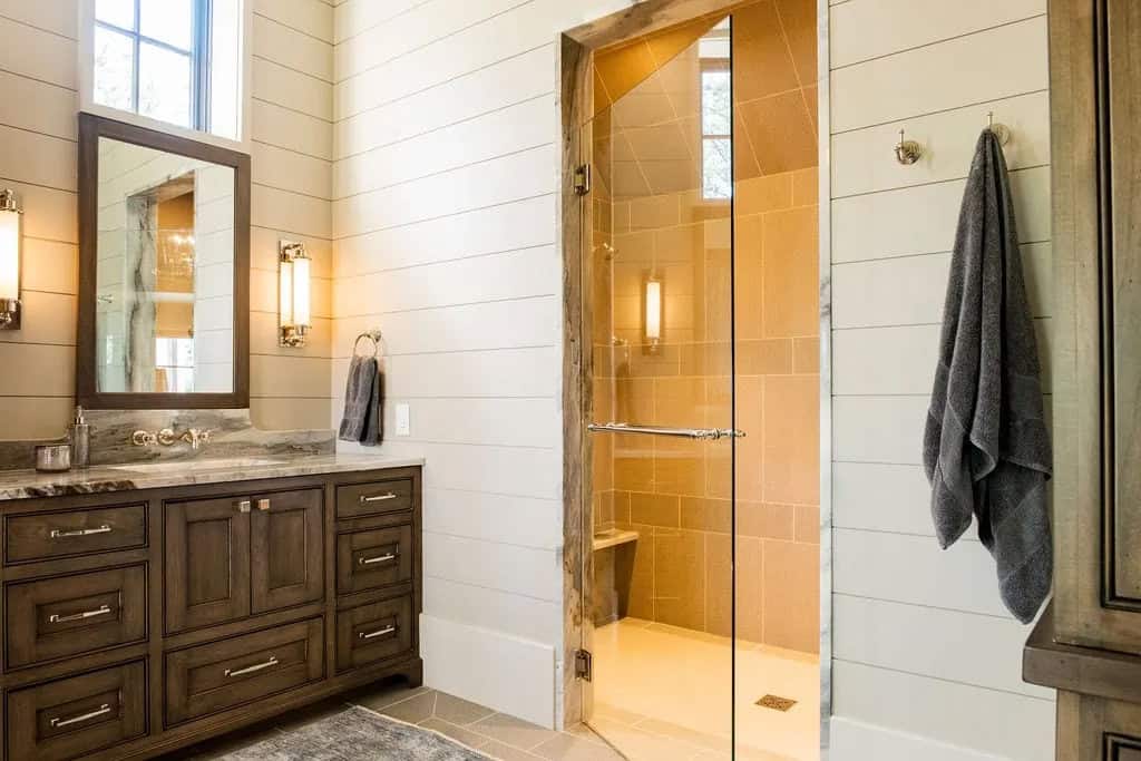 modern rustic bathroom vanity and shower