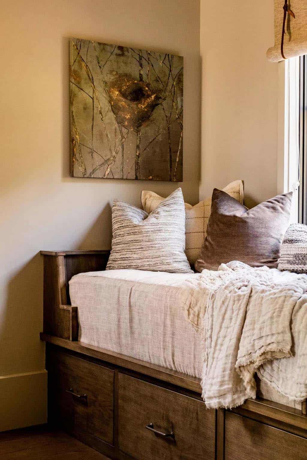 modern rustic bedroom with a built-in window seat
