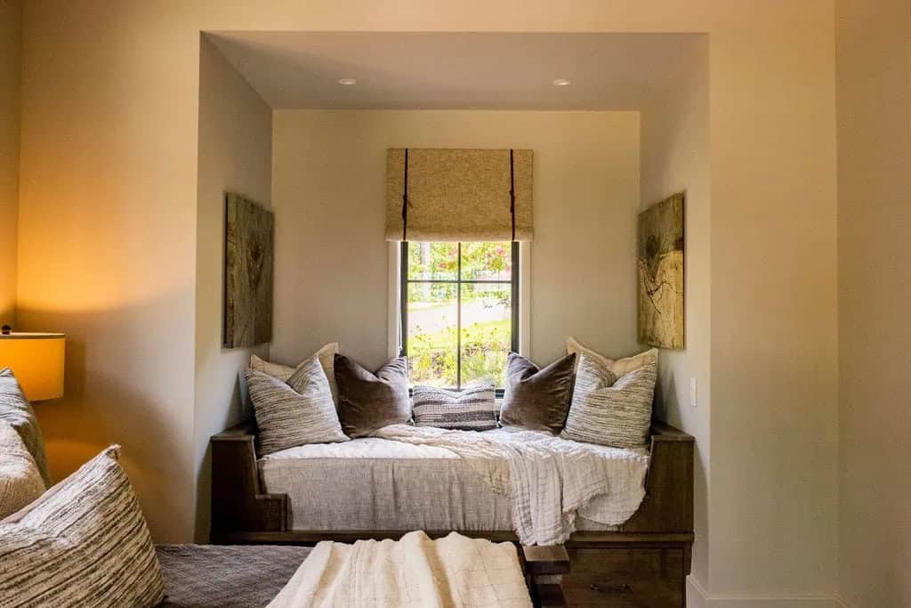 modern rustic bedroom with a built-in window seat